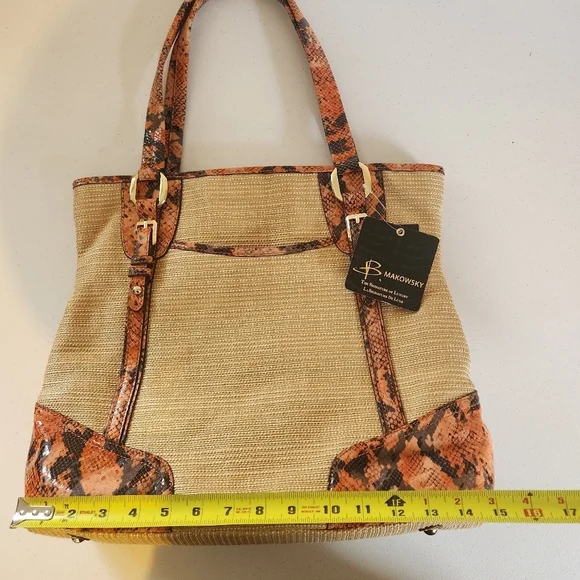 B Makowsky Leather Snake Large Shoulder Mansfield Tote Handbag Woven Purse New - Picture 8 of 10